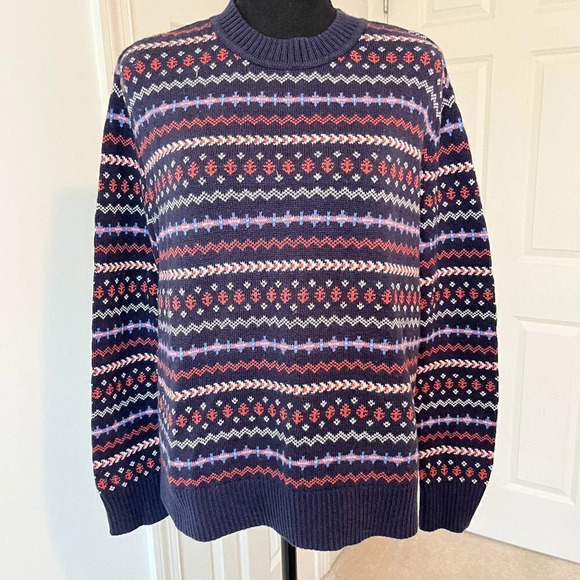 Nautica Navy Blue Fair Isle Crew Neck Sweater Nautical Wool Blend - Size M - Picture 1 of 8